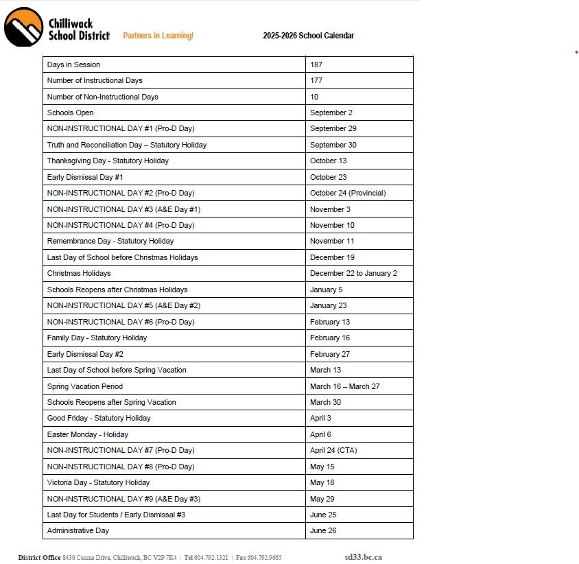 2025-2026 Chilliwack School District Calendar